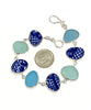 Blue & White Vintage Pottery with Blue & Aqua Sea Glass Bracelet - 7 1/2