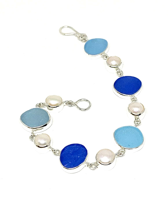 Aqua & Blue Sea Glass with Light Pink Pearl Bracelet - 7 1/2