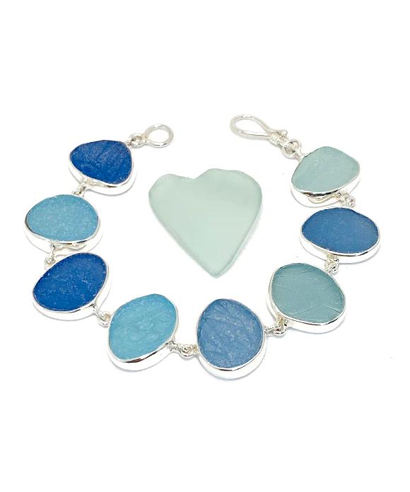 Textured Blue and Aqua Sea Glass Bracelet - 7 1/2