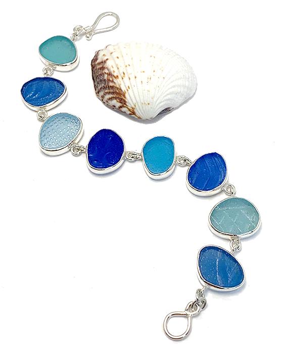 Shades of Textured Blues and Aquas Sea Glass Bracelet - 7 1/2