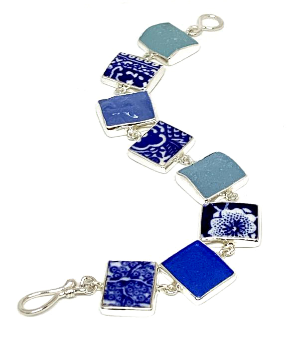 Blue & White Vintage Pottery & Blue & Aqua Sea Glass Rectangle Shape Bracelet - 7