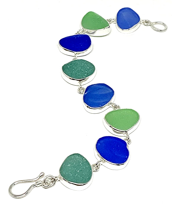 Textured Blue and Green Sea Glass Bracelet - 71/2