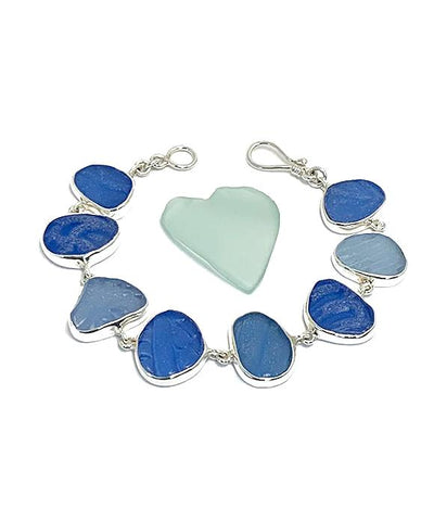 Textured Blue and Light Blue Sea Glass Bracelet - 7 1/2