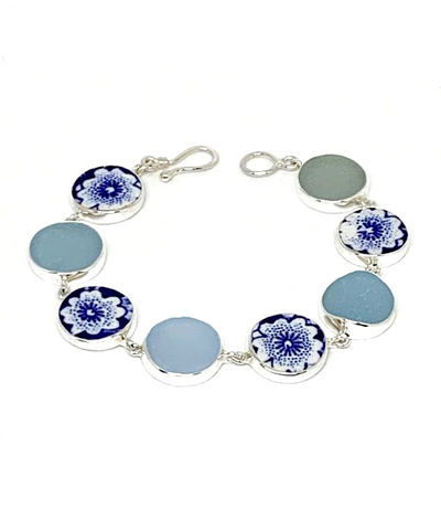 Blue & White Flower Vintage Pottery & Pastel Blue Sea Glass Round Shape Bracelet - 8