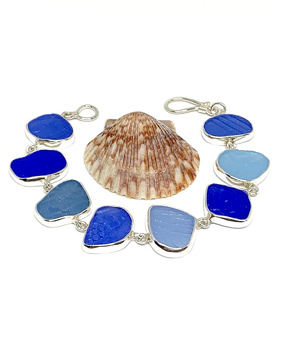 Textured Cobalt, Turquoise & Aqua Sea Glass Bracelet - 7 1/2