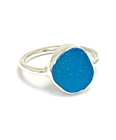 Bright Dark Turquoise Sea Glass Ring - Size 5