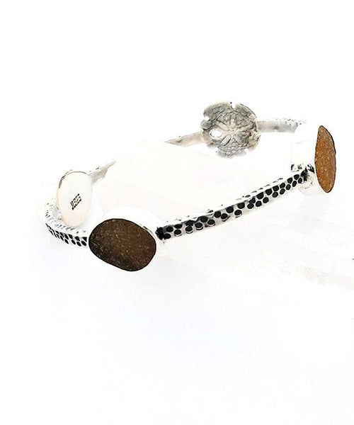 Sand Dollar with Amber, Grey & Brown Sea Glass Heavy Bangle - Size Medium