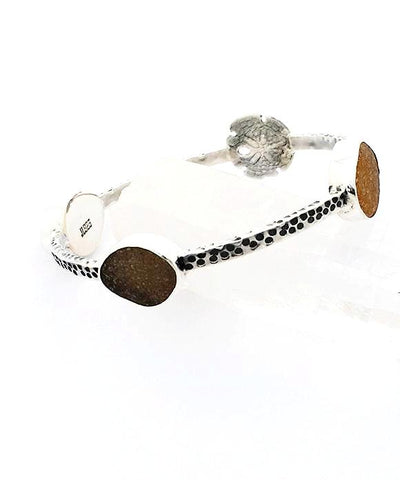 Sand Dollar with Amber, Grey & Brown Sea Glass Heavy Bangle - Size Medium