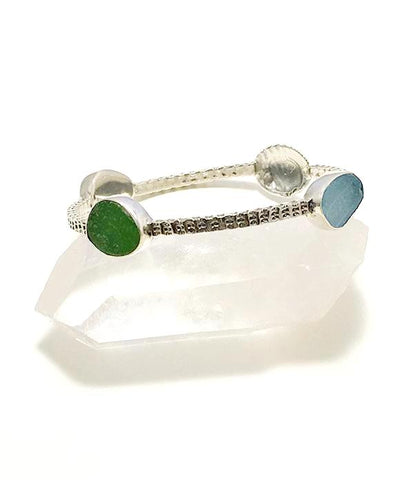 Scallop Shell with Textured Aqua, Green & Light Blue Sea Glass Heavy Bangle - Size Medium