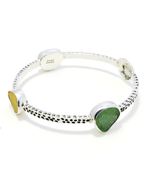 Scallop Shell with Aqua, Light Green & Yellow Sea Glass Heavy Bangle - Size Medium