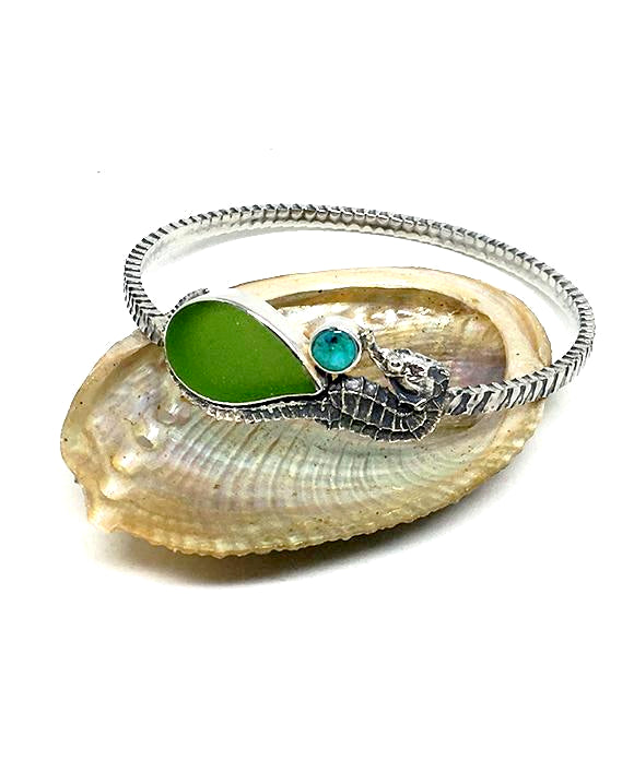 Sea Horse with Green Sea Glass and Turquoise Heavy Bangle - Size Medium