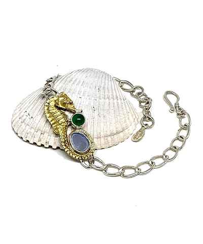 Yellow Brass Sea Horse with Green Agate Aqua Sea Glass Sterling Link Chain Bracelet