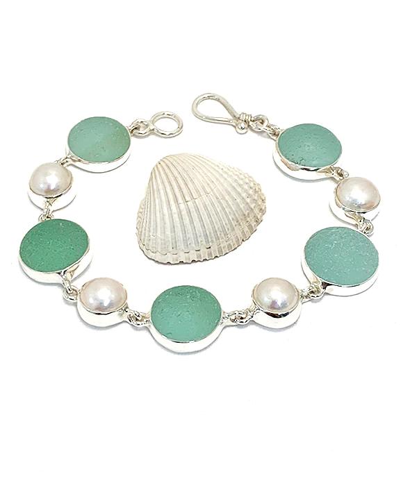 Coke Bottle BlueSea Glass Marbles and Pearl Bracelet - 7 1/2