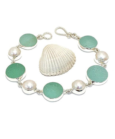 Coke Bottle BlueSea Glass Marbles and Pearl Bracelet - 7 1/2