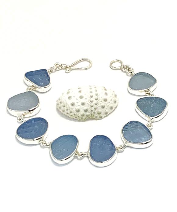 Shades of Light Textured Blue Sea Glass Bracelet - 7 1/2