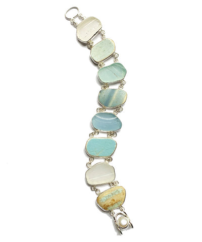 Aqua & Blues Textured Sea Pottery and Sea Glass Double Link Bracelet - 7 1/2