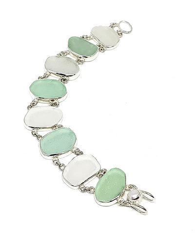 Aqua & Clear Sea Glass Double Link Bracelet - 7 1/2