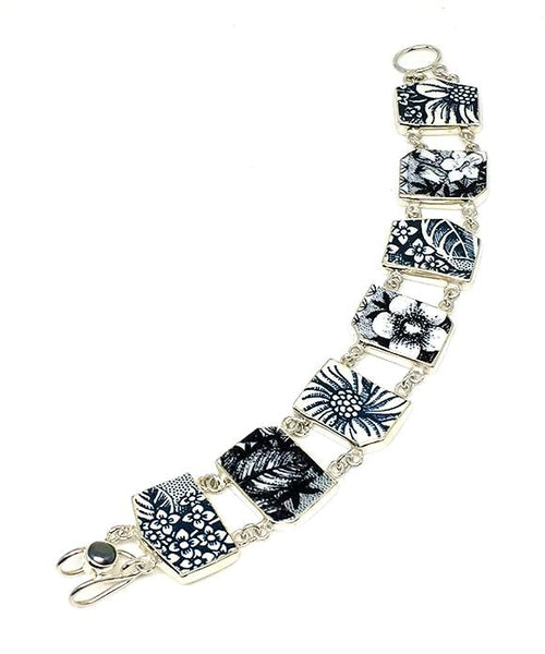 Teal Blue and White Vintage Pottery Double Link Bracelet