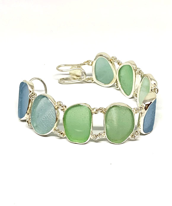 Textured Green, Blue & Aqua Sea Glass Double Link Bracelet - 7 1/2