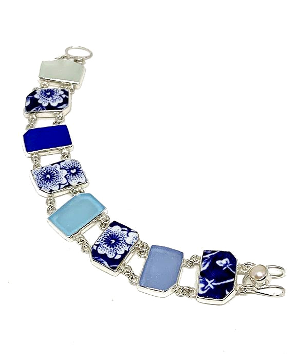Blue & White Vintage Pottery with Blue Sea Glass Double Link Shard Bracelet