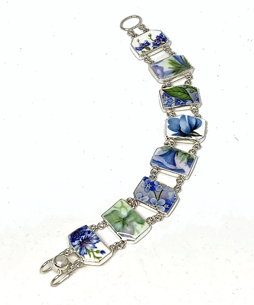 Blue Floral Vintage Pottery Double Link Shard Bracelet - 8