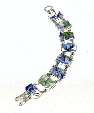 Blue Floral Vintage Pottery Double Link Shard Bracelet - 8