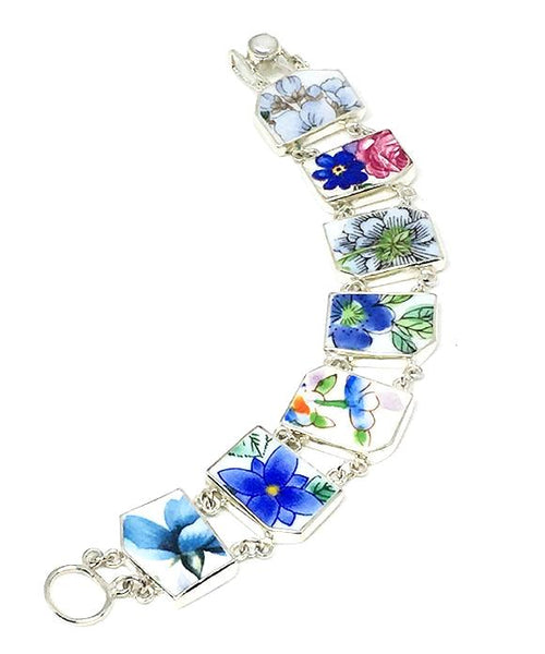 Blue Flower Vintage Pottery Double Link Bracelet - 7