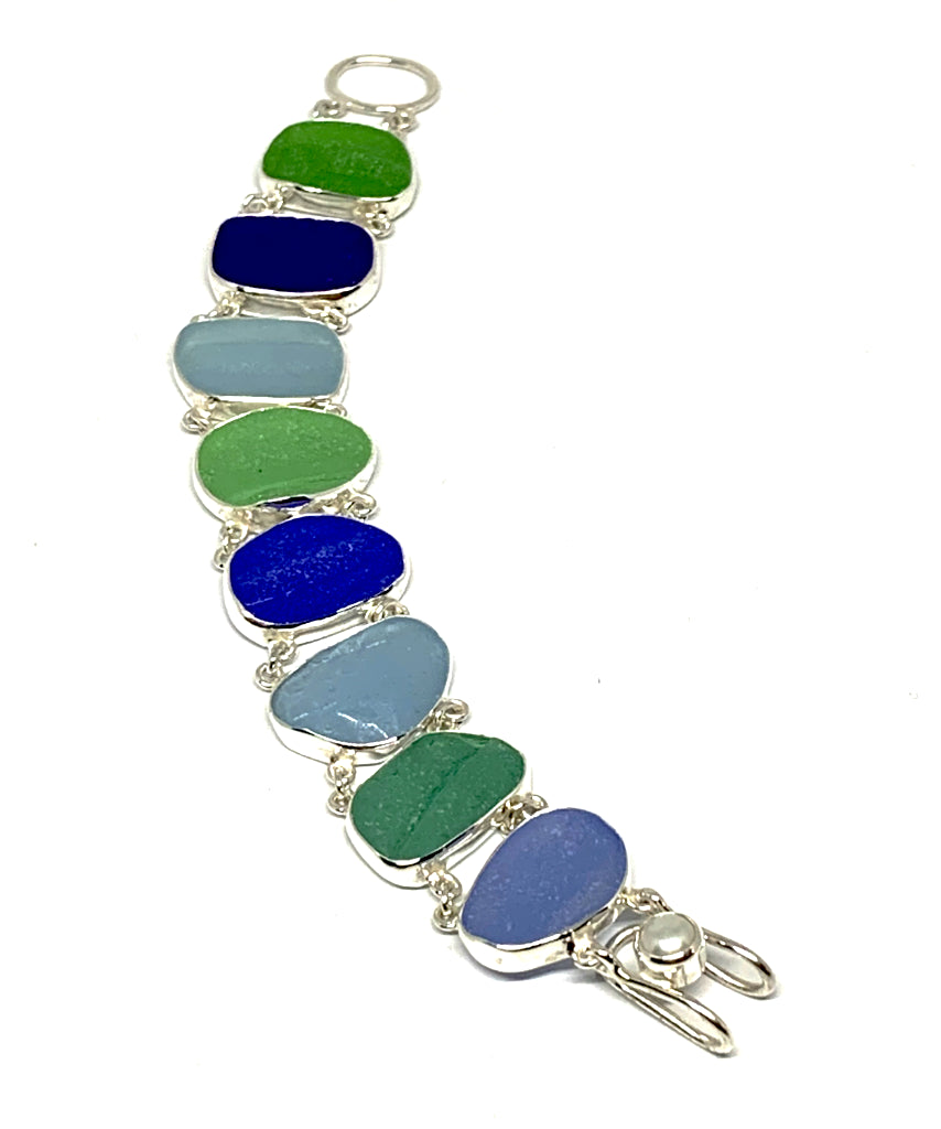 Textured Cobalt, Light Blue and Green Sea Glass Double Link Bracelet - 7 1/2