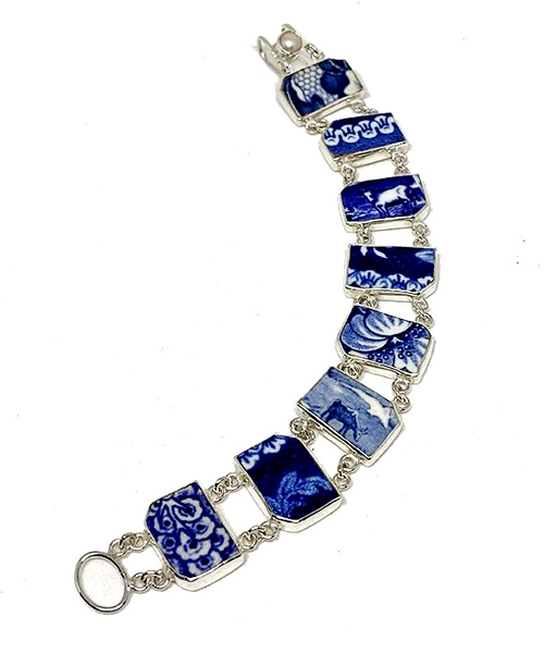 Blue & White Vintage Pottery of Flowers and Animals Double Link Shard Bracelet - 8