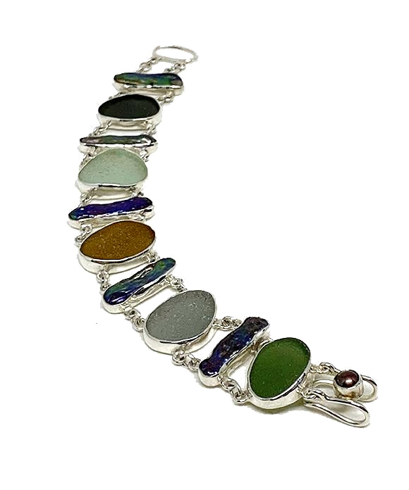 Earth Tone Sea Glass and Black Biwa Pearls Double Link Bracelet