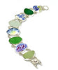 Blue Floral Vintage Pottery with Textured Sea Glass Double Link Bracelet - 7 1/2