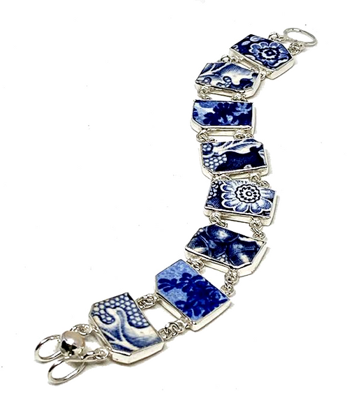Blue & White Vintage Pottery Flowers Double Link Shard Bracelet - 8
