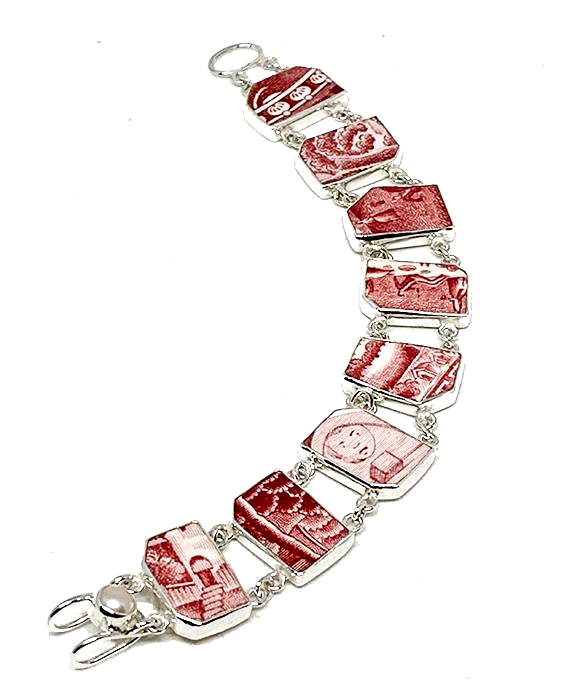 Red and White Vintage Pottery Double Link Shard Bracelet - 8