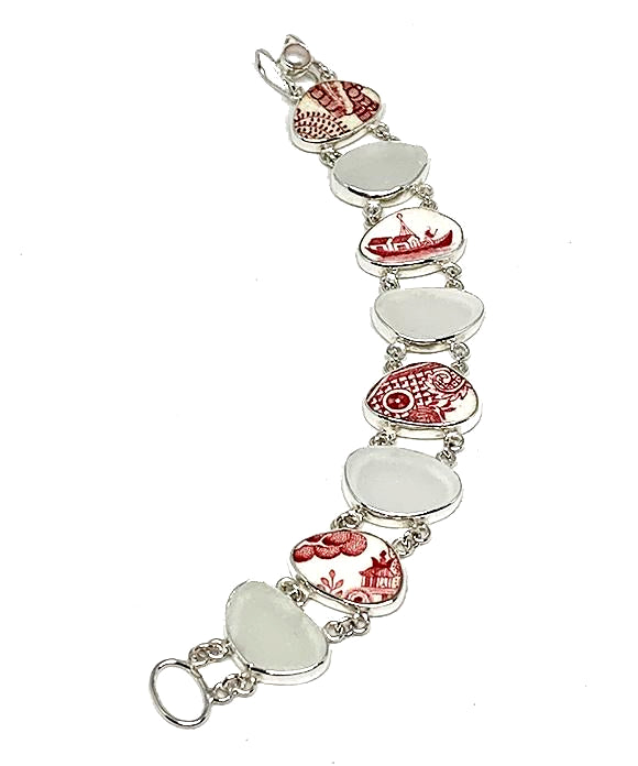 Red & White Vintage Pottery with Clear Sea Glass Double Link Bracelet - 7 1/2