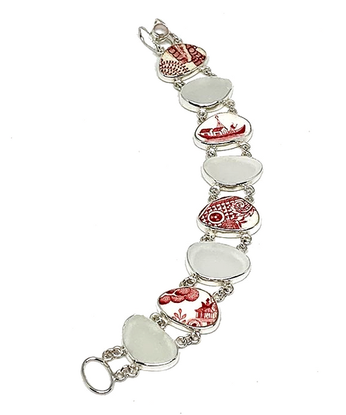 Red & White Vintage Pottery with Clear Sea Glass Double Link Bracelet - 7 1/2