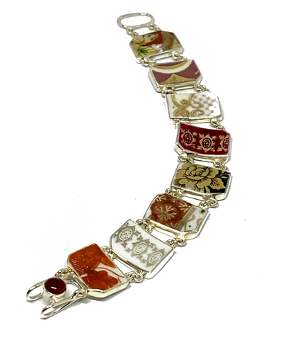 Bold Pink, Orange, White with Gold Vintage Pottery Double Link Shard Bracelet - 7 1/2