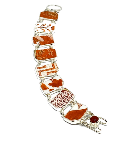 Orange Patterned Vintage Pottery Double Link Shard Bracelet - 7 1/2