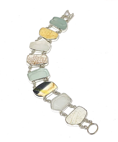 Natural Textured Sea Pottery and Sea Glass Double Link Bracelet - 8