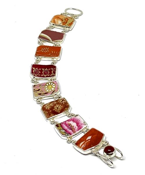 Bold Pink & Orange with Gold Vintage Pottery Double Link Shard Bracelet - 7 1/2