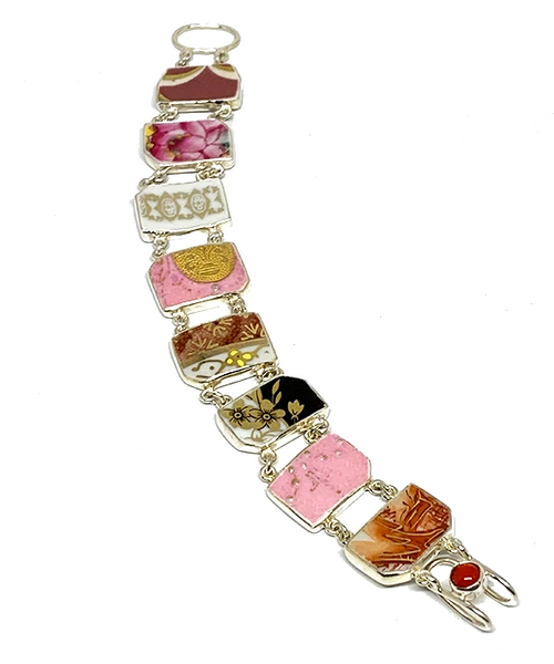 Bold Pink & White with Gold Vintage Pottery Double Link Shard Bracelet - 7 1/2