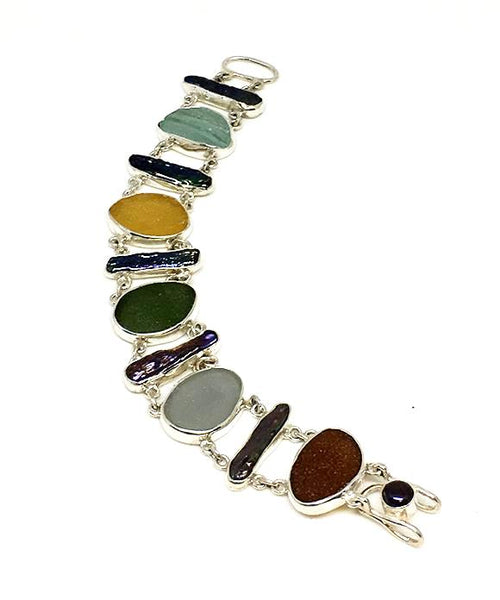 Dark Earth Tone Sea Glass and Black Biwa Pearls Double Link Bracelet