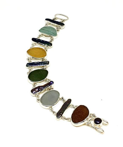 Dark Earth Tone Sea Glass and Black Biwa Pearls Double Link Bracelet