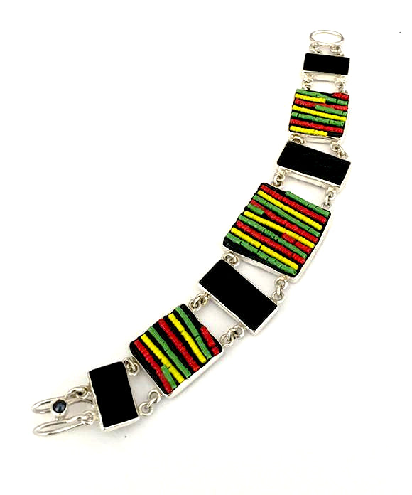 Rasta Striped Beaded Fused Glass with Black Stained Glass Double Link Bracelet