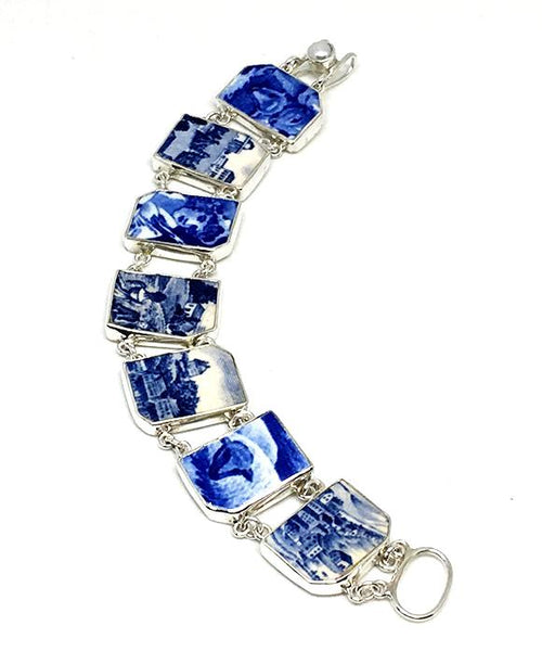 Blue and White Village Scenes Vintage Pottery Double Link Bracelet