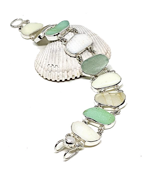 Textured Jadite, Soft Ivory, and Clear Sea Glass Double Link Bracelet - 8