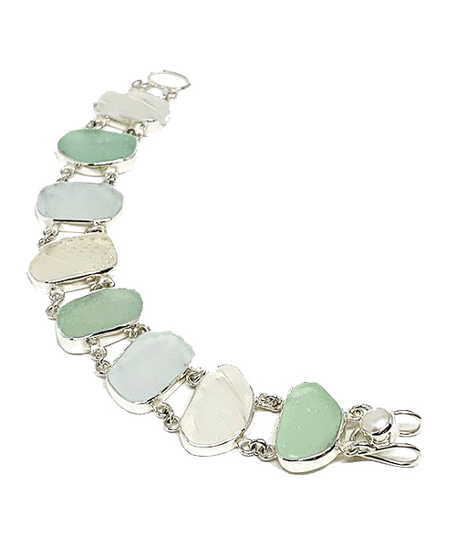 Textured Soft Aqua & Clear Sea Glass Double Link Bracelet - 7 1/2