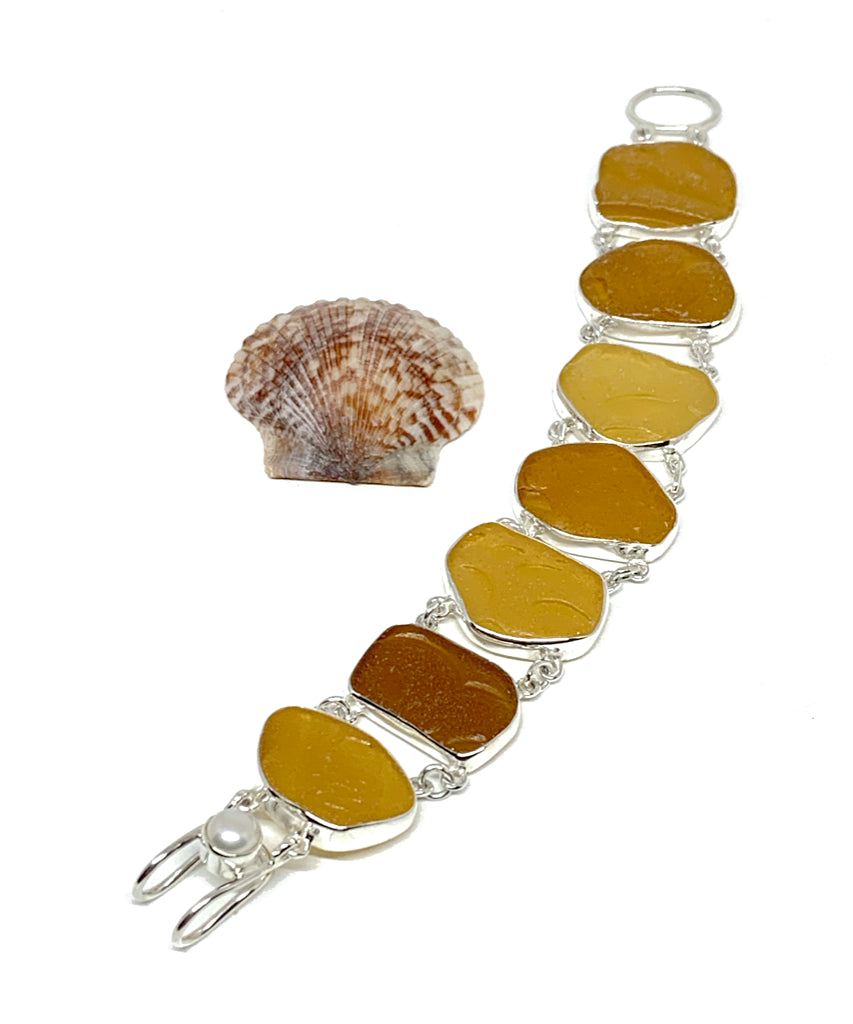 Shades of Textured Amber Sea Glass Double Link Bracelet - 7 1/2