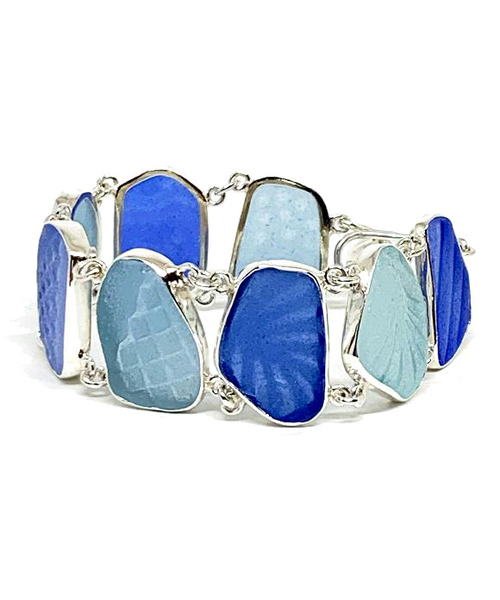 Shades of Textured Cobalt, Blue & Aqua Sea Glass Double Link Bracelet - 7 1/2