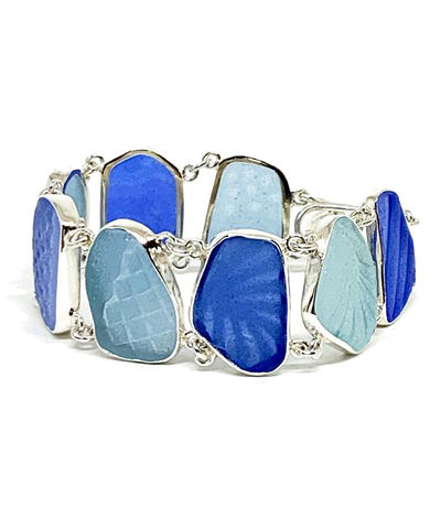 Shades of Textured Cobalt, Blue & Aqua Sea Glass Double Link Bracelet - 7 1/2