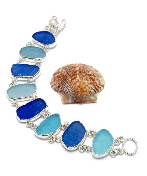 Shades of Blue and Aqua Textured Sea Glass Double Link Bracelet - 7 1/2